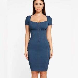 Popilush Shapewear Denim Square Neck Tummy Control Midi Dress Blue XL Bodycon